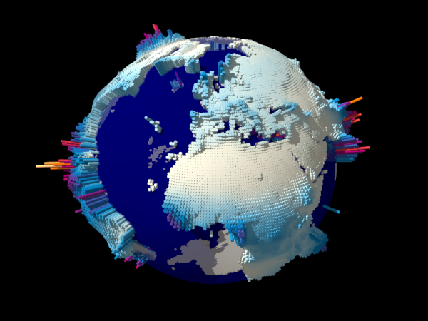 An image of the Earth showing population density as a series of spikes. The higher the spike, the higher the population density